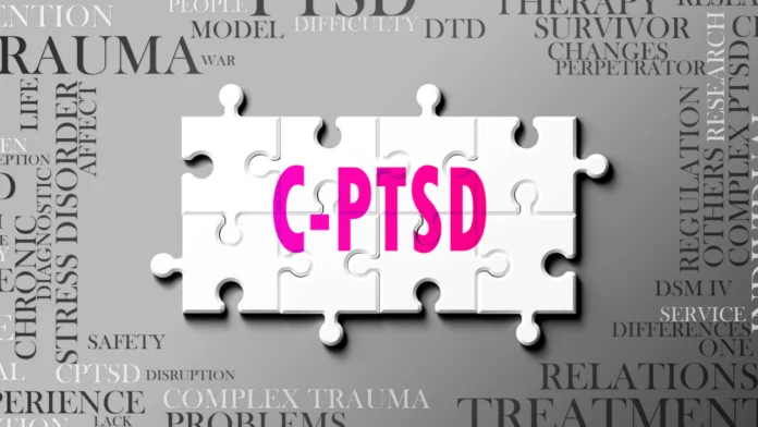A graphic that says "C-PTSD", short for Complex PTSD, accompanied by terms related to the condition